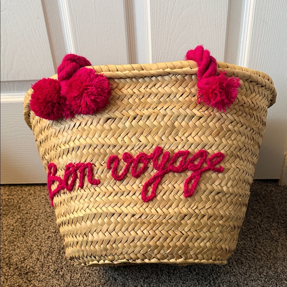 NEW Bon Voyage Straw Tote with Pink Pom Poms